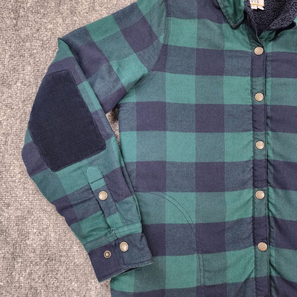 Orvis Shirt Womens Small Blue Green Plaid Fleece Lined Snap Shacket Elbow Patch - Picture 8 of 16